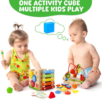 8-in-1 Wooden Baby Activity Cube, Montessori Toys for Toddler 1+ Year Old