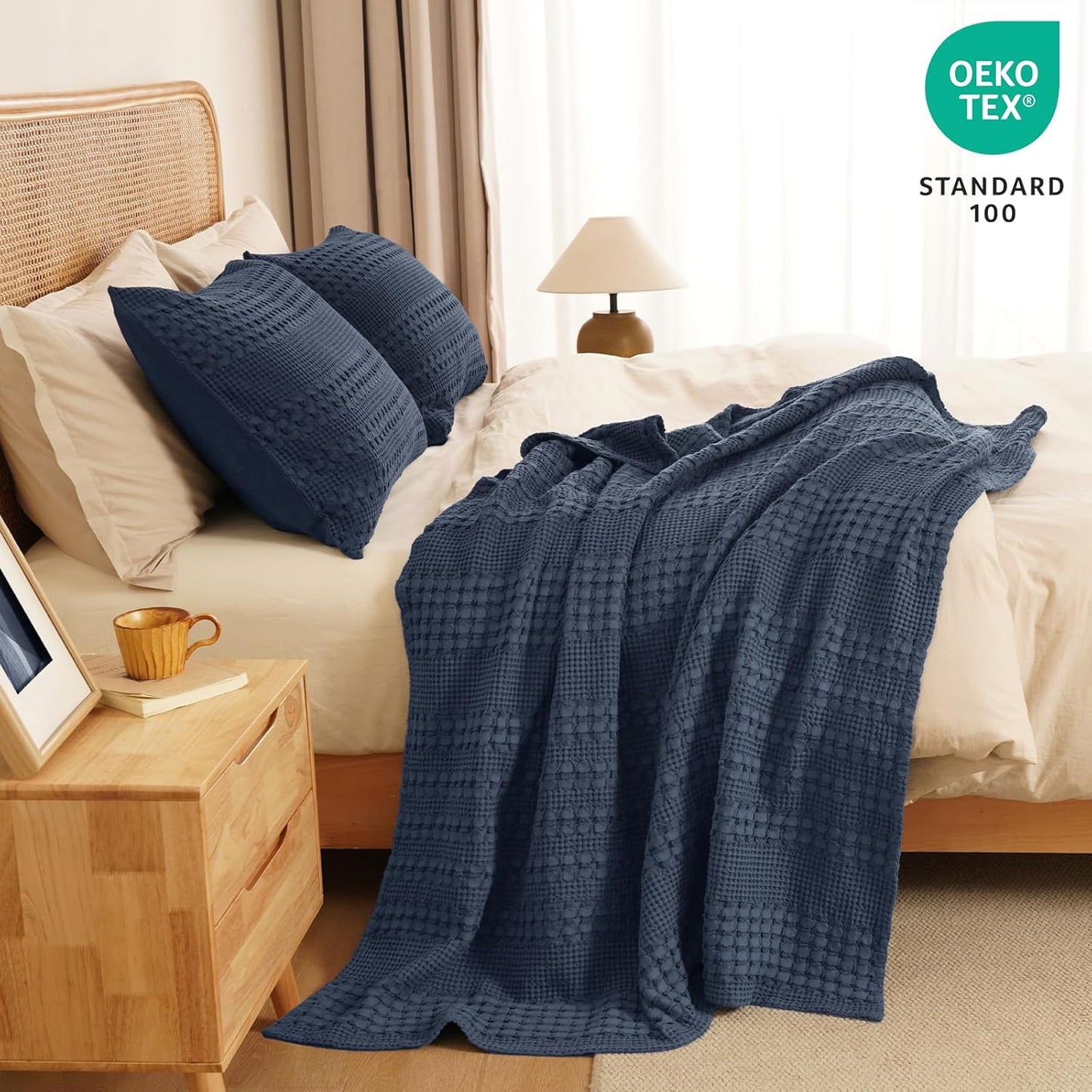 PHF 100% Cotton Waffle Weave Throw Blanket, Soft Lightweight Breathable Cozy Summer Throws for Couch Bed Sofa, Luxury Aesthetic Woven Blanket for Home Decor & Office, 50"x60", Dark Navy