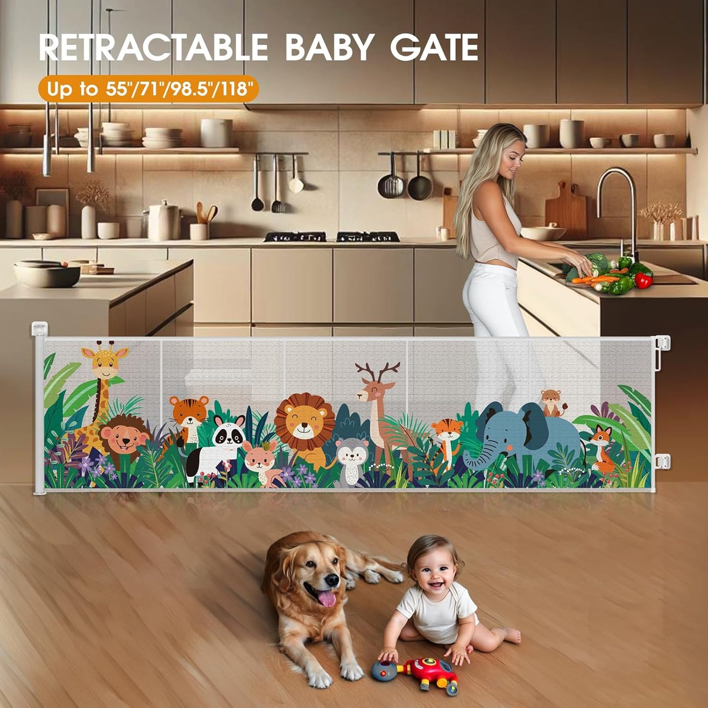 HOMEAL Retractable Baby Gates for Doorways & Stairs, Outdoor Indoor Retractable Mesh Gates for Baby & Dog, Extra Wide Child Safety Gate for Hallways, Deck, Porch, Patio(Zoo,Width Up to 55")