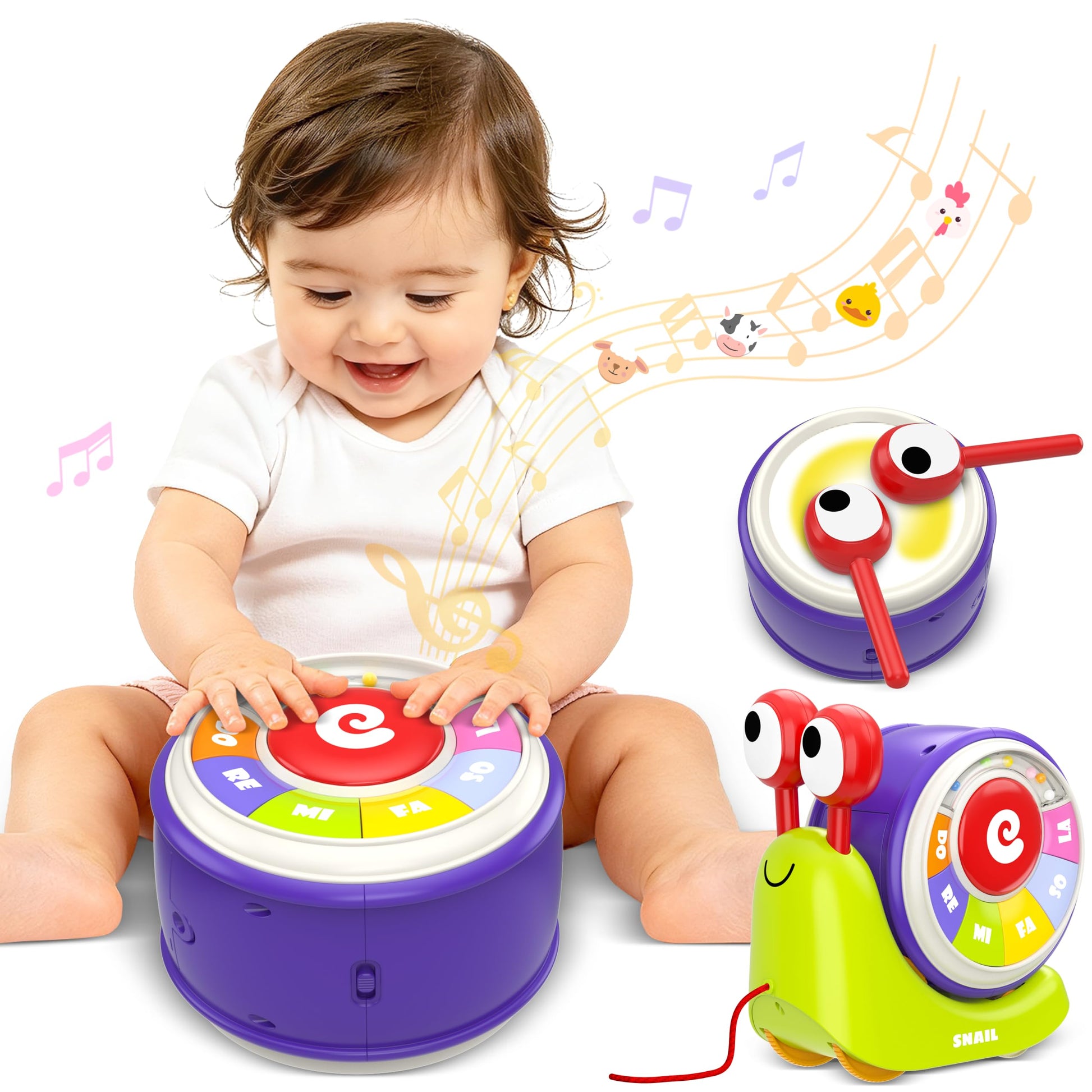 Ciesa 3 in 1 Musical Toddler Toys for 1-3 Year Old, Pull Along Snail Toy with Baby Piano and Light