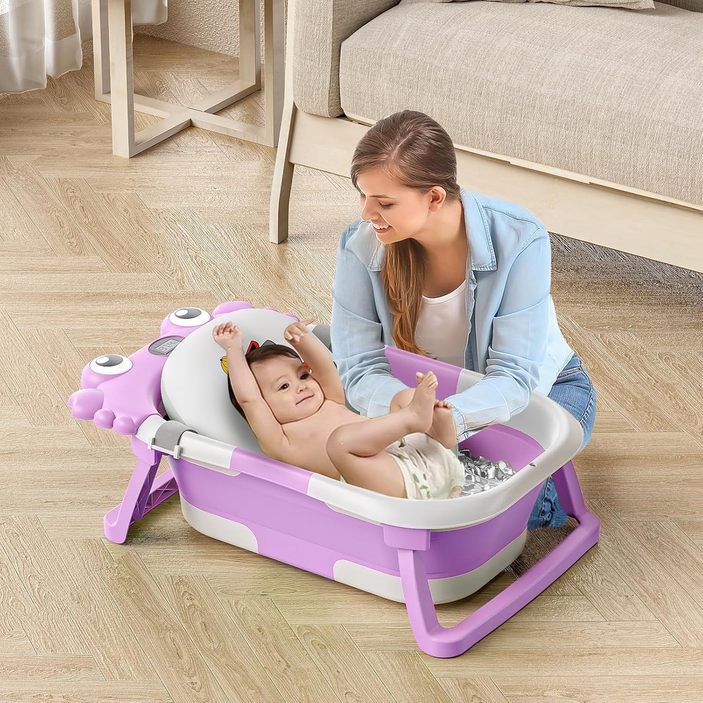 Collapsible Baby Bathtub for Infants to Toddler with Real-time Temp Monitor+Floating