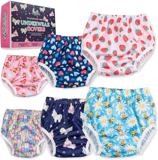 Waterproof Plastic Underwear for Potty Training, 6-Pack - Super-Soft Cloth Diaper Covers with Ultra-Thin TPU Inner Layer to Prevent Leaks - Reusable - Multicolor Prints
