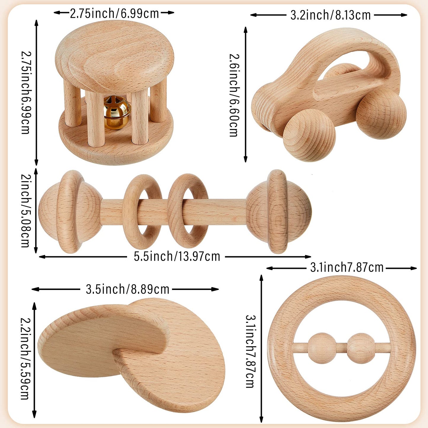 Zhanmai 5 Pcs Wooden Baby Toys Montessori Toys for 0-6-12 Months Sensory Baby Rattles with Bells