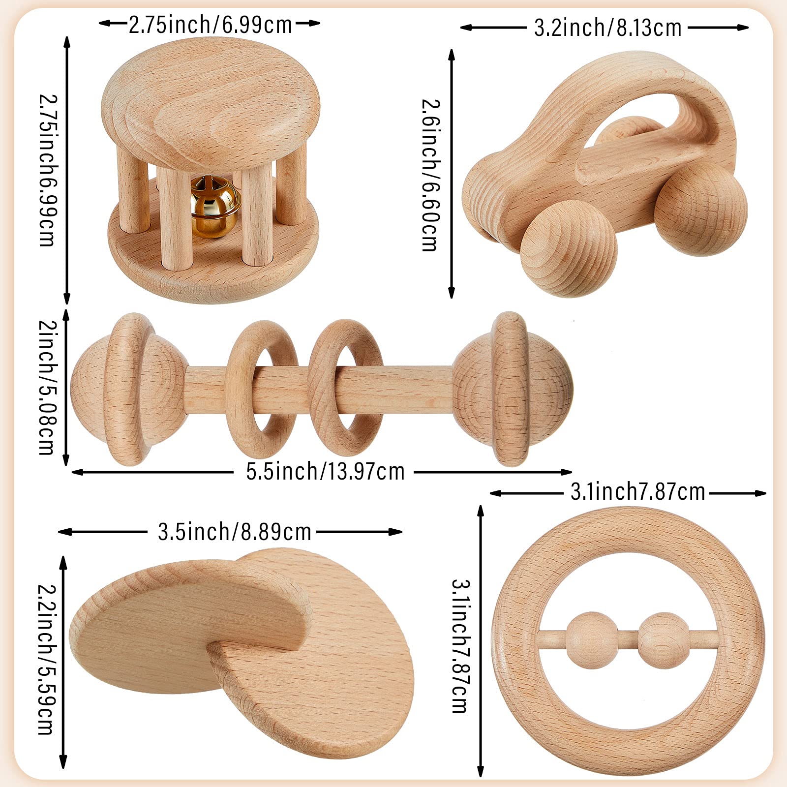 Zhanmai 5 Pcs Wooden Baby Toys Montessori Toys for 0-6-12 Months Sensory Baby Rattles with Bells