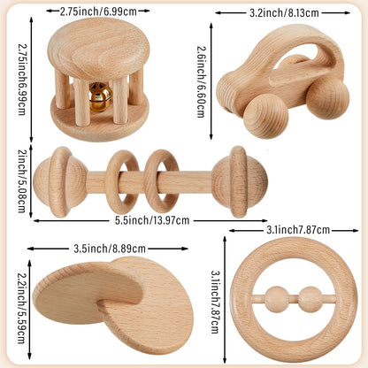 Zhanmai 5 Pcs Wooden Baby Toys Montessori Toys for 0-6-12 Months Sensory Baby Rattles with Bells