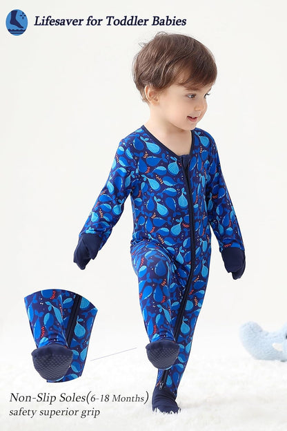 JunNeng 2Pcs Baby Rayon from Bamboo Sleeper with Mitten Cuffs, Footless Zipper Cozy Pjs, Non-Slip Soles Romper