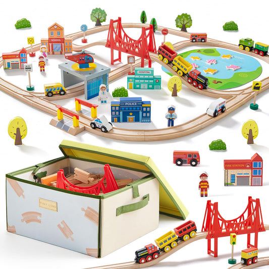 Tiny Land 110pcs Wooden Train Set with Folding Storage Box
