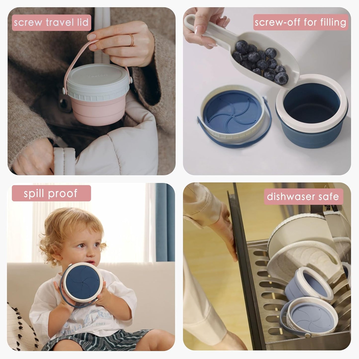 No Spill Silicone Toddler Snack Containers, Detachable Silicone Flap for Filling&Cleaning