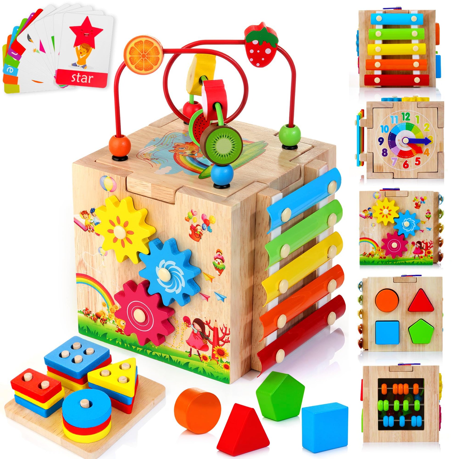 HELLOWOOD Wooden Activity Cube, 8-in-1 Montessori Baby Toys for 1+ Year Old Boys & Girls
