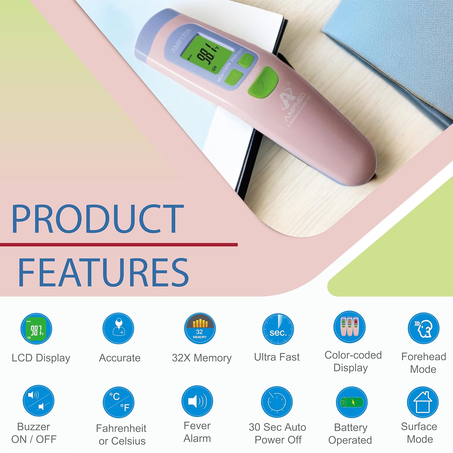 Amplim Non-Contact Forehead Thermometer for Adults, Kids & Infants | Ampmed No-Touch Medical Grade