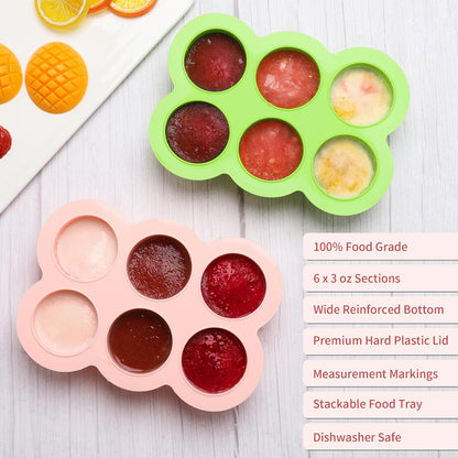 Baby Silicone Freezer Tray with Clip on Lid, 6 x 3 OZ Baby Silicone Freezer Molds, Silicone Storage