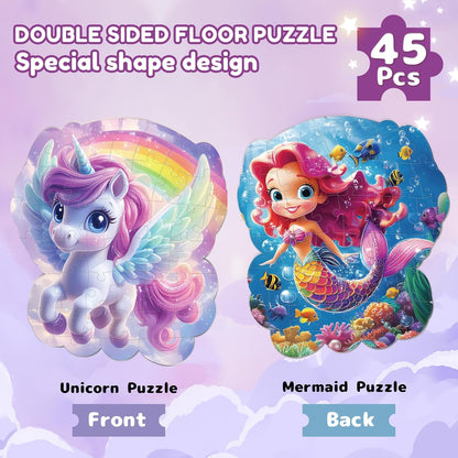 45pcs Unicorn & Mermaid Double-Sided Floor Puzzles, Ages 3-8, 27.6x32 In, Waterproof, EVA Material, Jumbo Jigsaw Puzzle, 1 Set of 45 Pieces