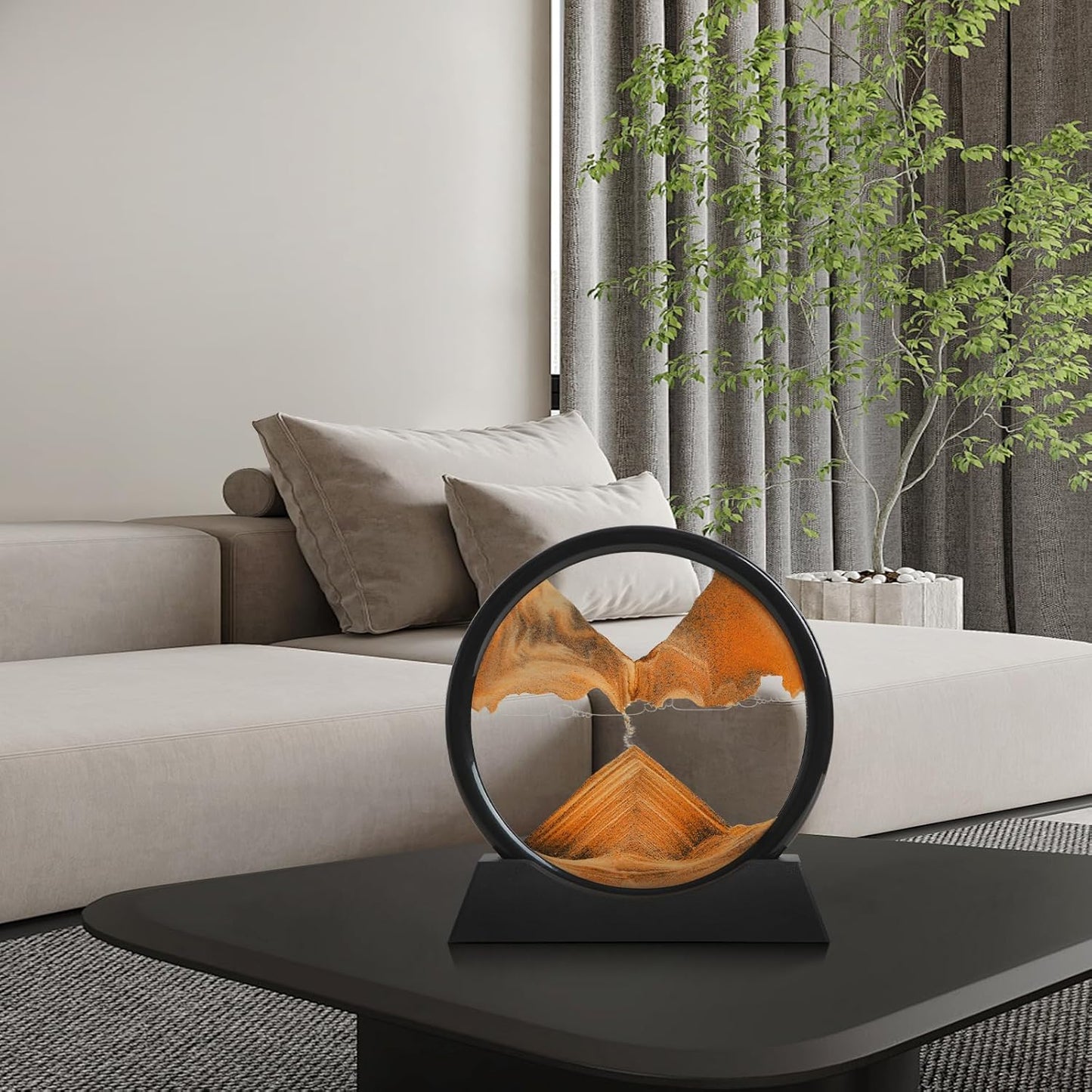 KPNUWN Moving Sand Art Liquid Motion, 3D Deep Sea Sandscape Color Quicksand Decor, Round Glass Moving Sand Art Picture Relaxing Desktop Home Office Work Decor (7 inch- Orange)