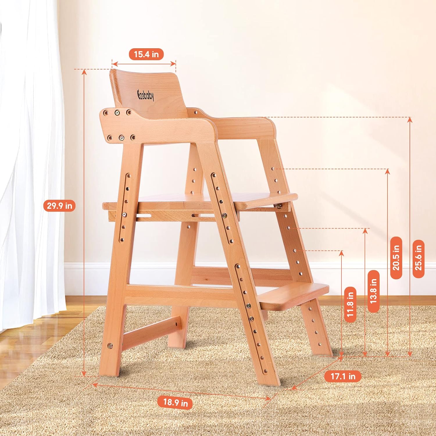Ezebaby Wooden High Chair, Adjustable Highchair for Toddlers to Teens with Steps, Kids Dining