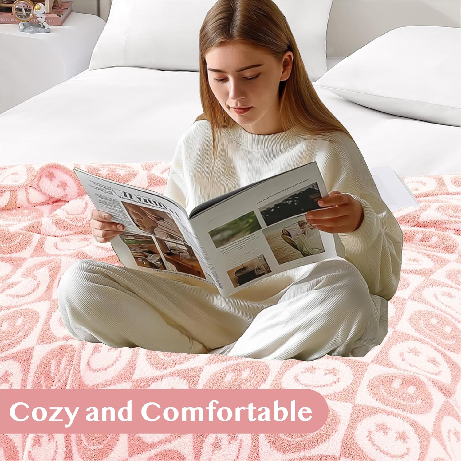 WRENSONGE Checkered Throw Blanket Blossom Smiling Face Soft Cozy Fluffy Warm Hand Made Throw