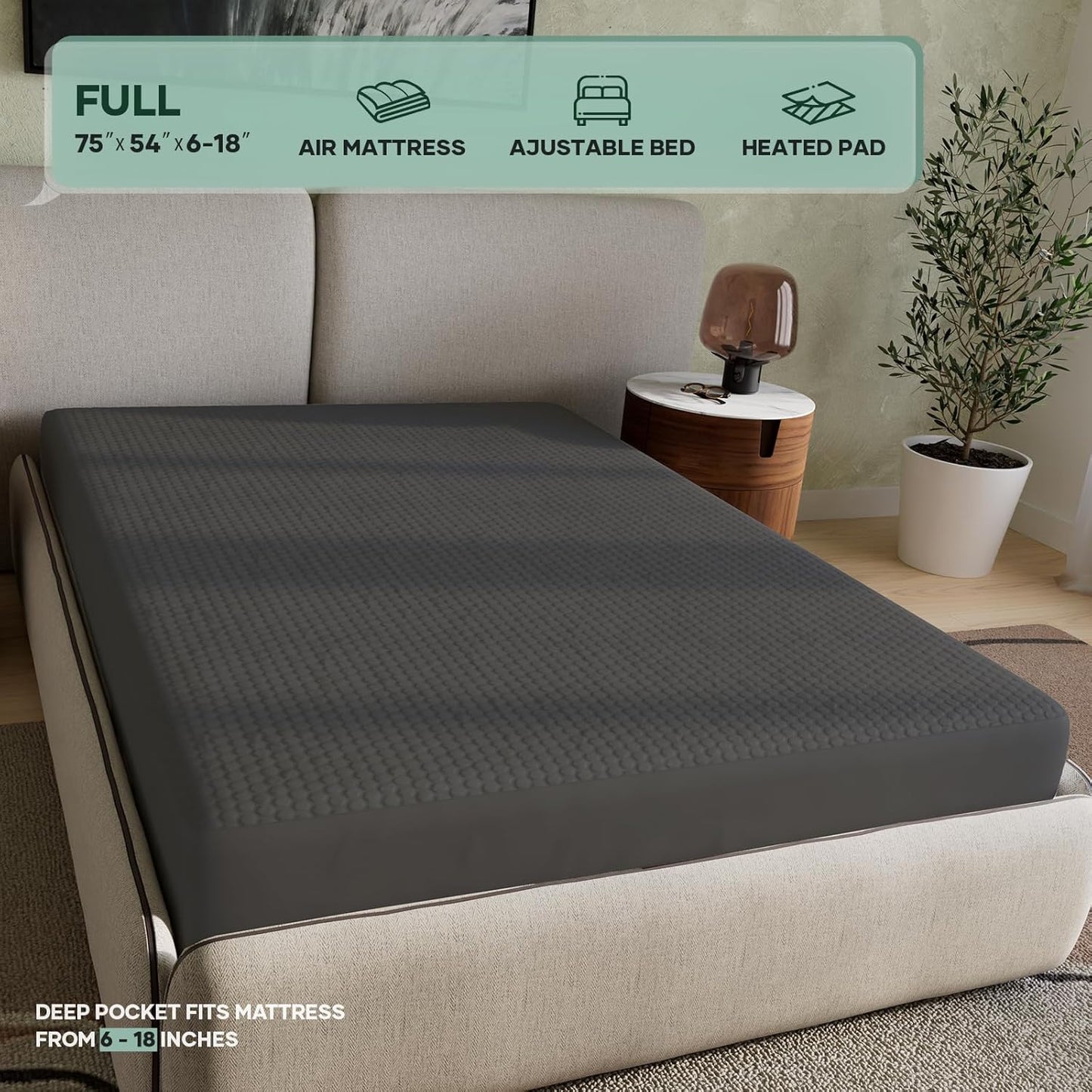 OhGeni Waterproof Mattress Protector, Full-Gray, Fitted Sheet with Stretchable Pockets, Deep Sleep