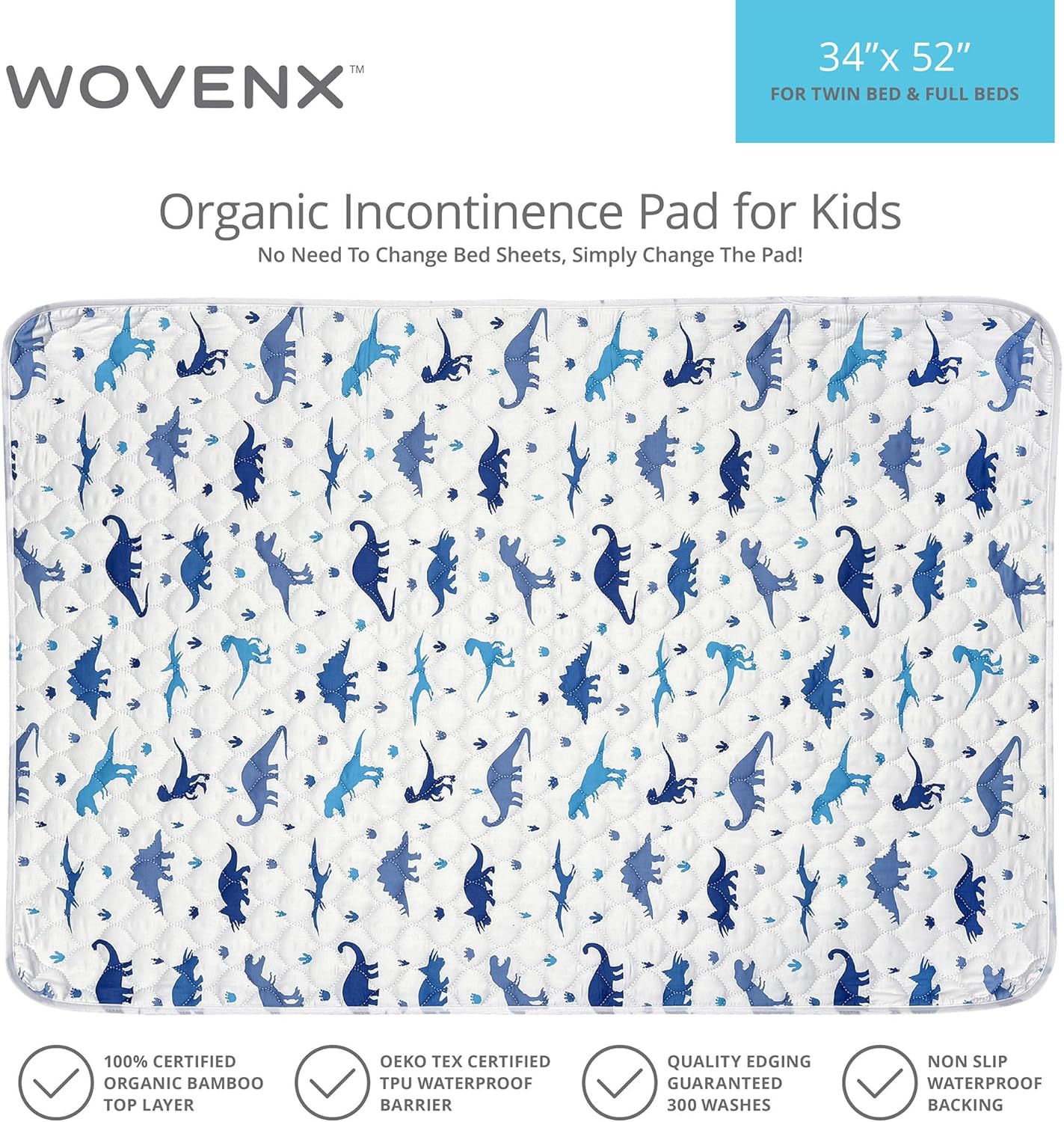 Organic Incontinence Pads for Kids & Toddlers - 5 Layer Waterproof Protectors for Overnight Bed