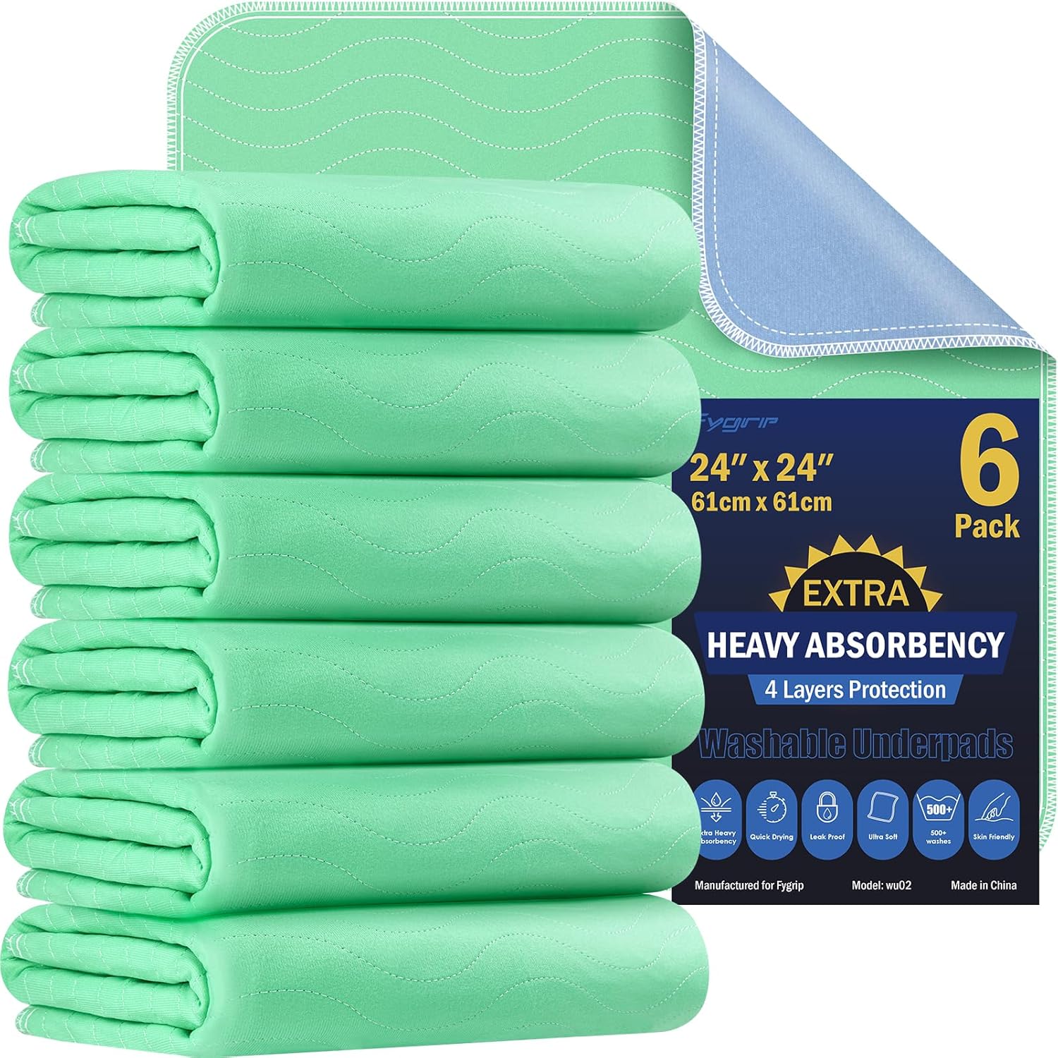 6 Pack 24” x 24” Extra Heavy Absorbency Washable Underpads, Waterproof Nursing Pads Incontinence