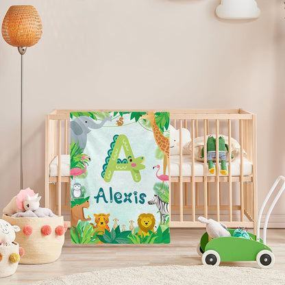 Personalized Cute Animal Baby Blanket, Custom Initial Jungle Swaddle Blanket with Name Customized Super Soft Nursery Fleece Throw Blankets for Newborns Baby Shower Girls Kids Birthday