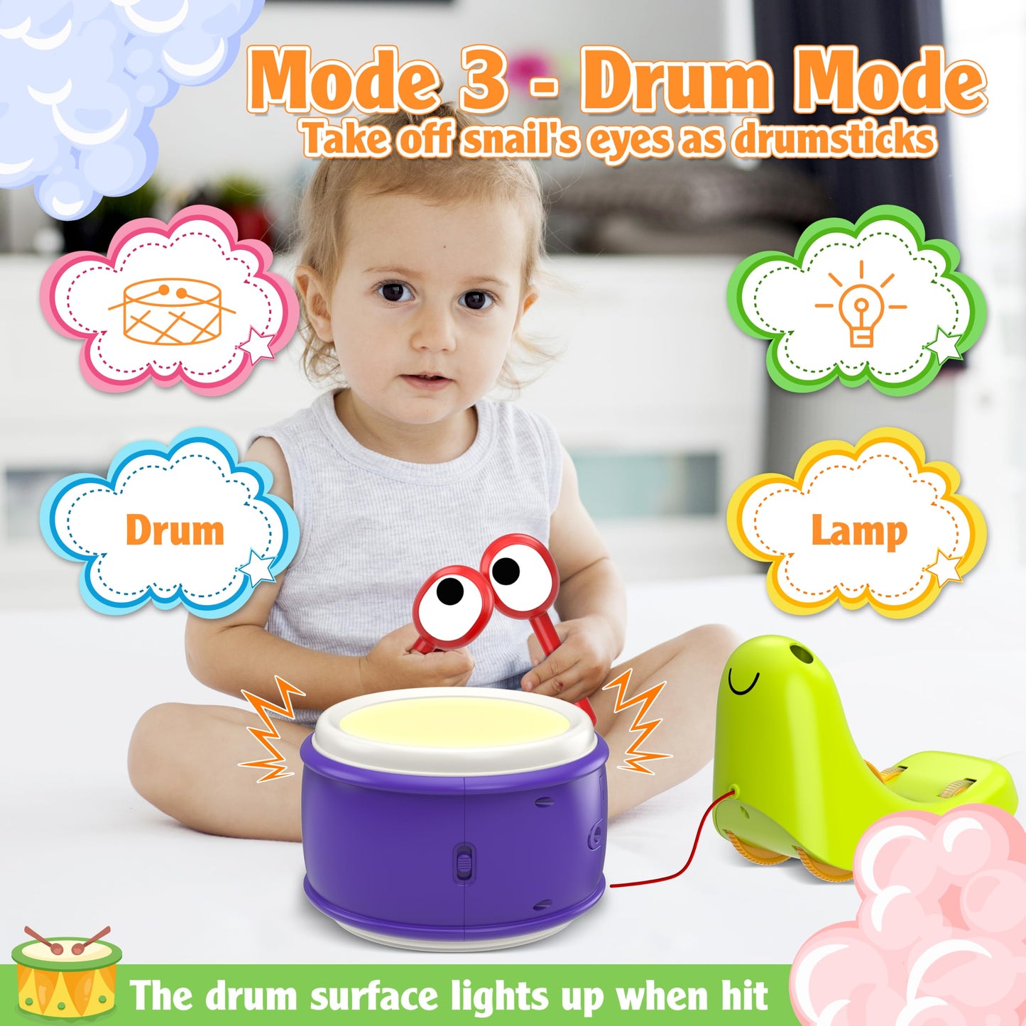 Ciesa 3 in 1 Musical Toddler Toys for 1-3 Year Old, Pull Along Snail Toy with Baby Piano and Light