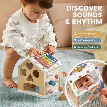 Tiny Land 9-in-1 Wooden Activity Cube, Educational Toy for Toddlers