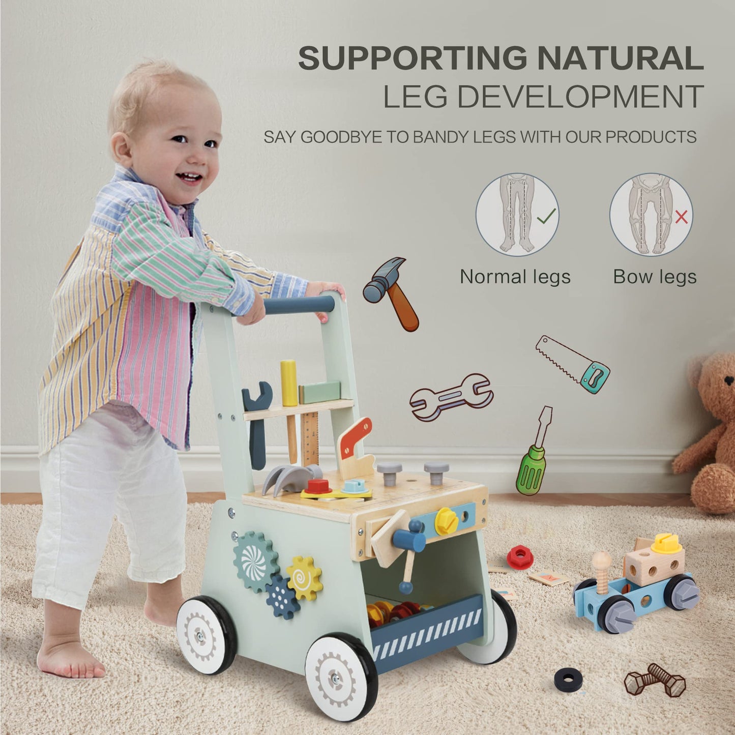 2-in-1 Wooden Baby Walker and Tool Bench with Building Play, Blue