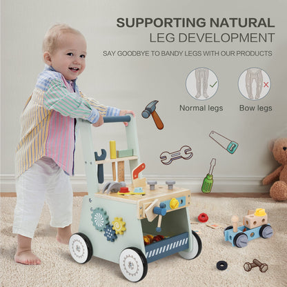 2-in-1 Wooden Baby Walker and Tool Bench with Building Play, Blue