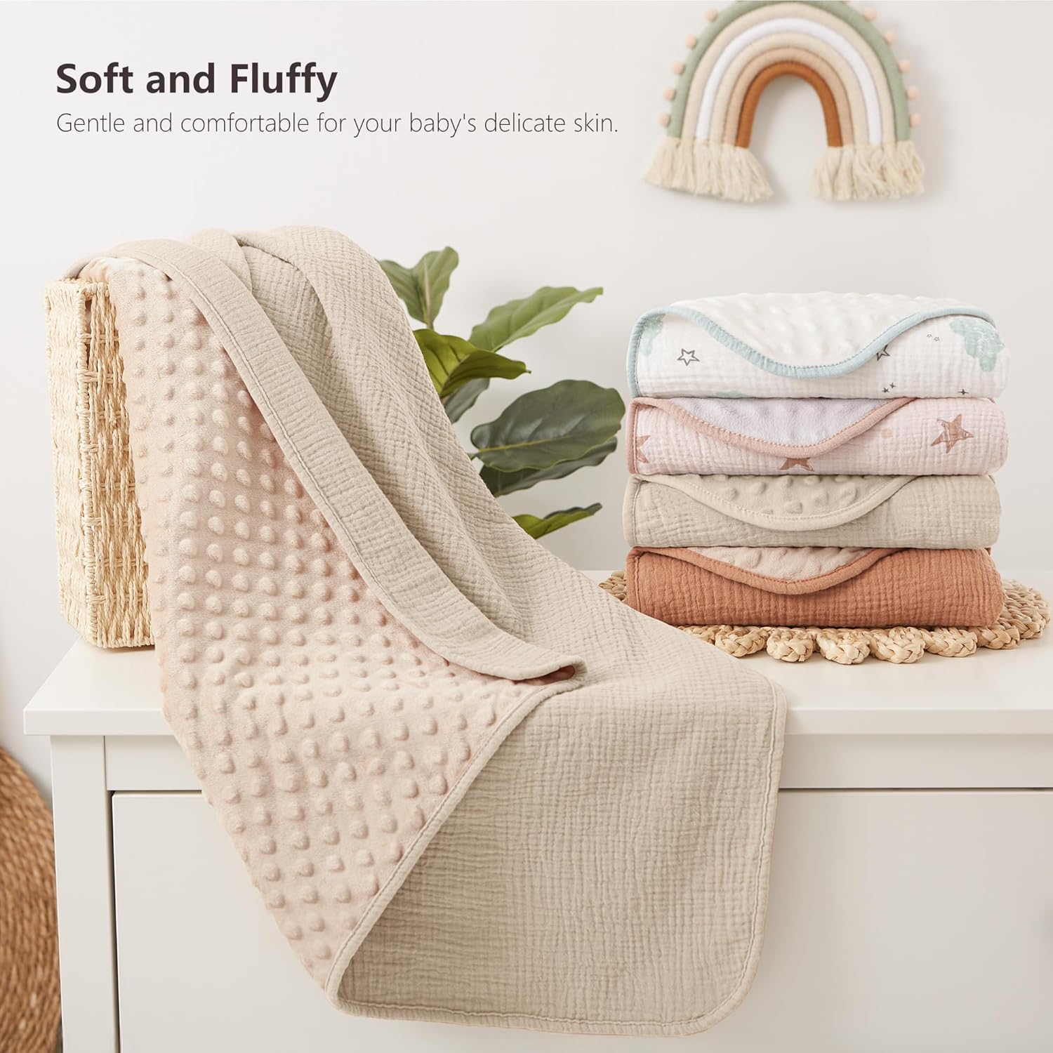 Susurration Baby Blanket for Unisex Boys Girls, Soft Nursery Minky Blanket with Muslin Cotton Front