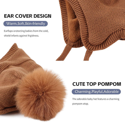 Basic Winter Baby Beanie Gloves Boys Girls Knitted Hat Pompom Kids Earflap Hats Warm Infant Toddler Beanie Mittens Set