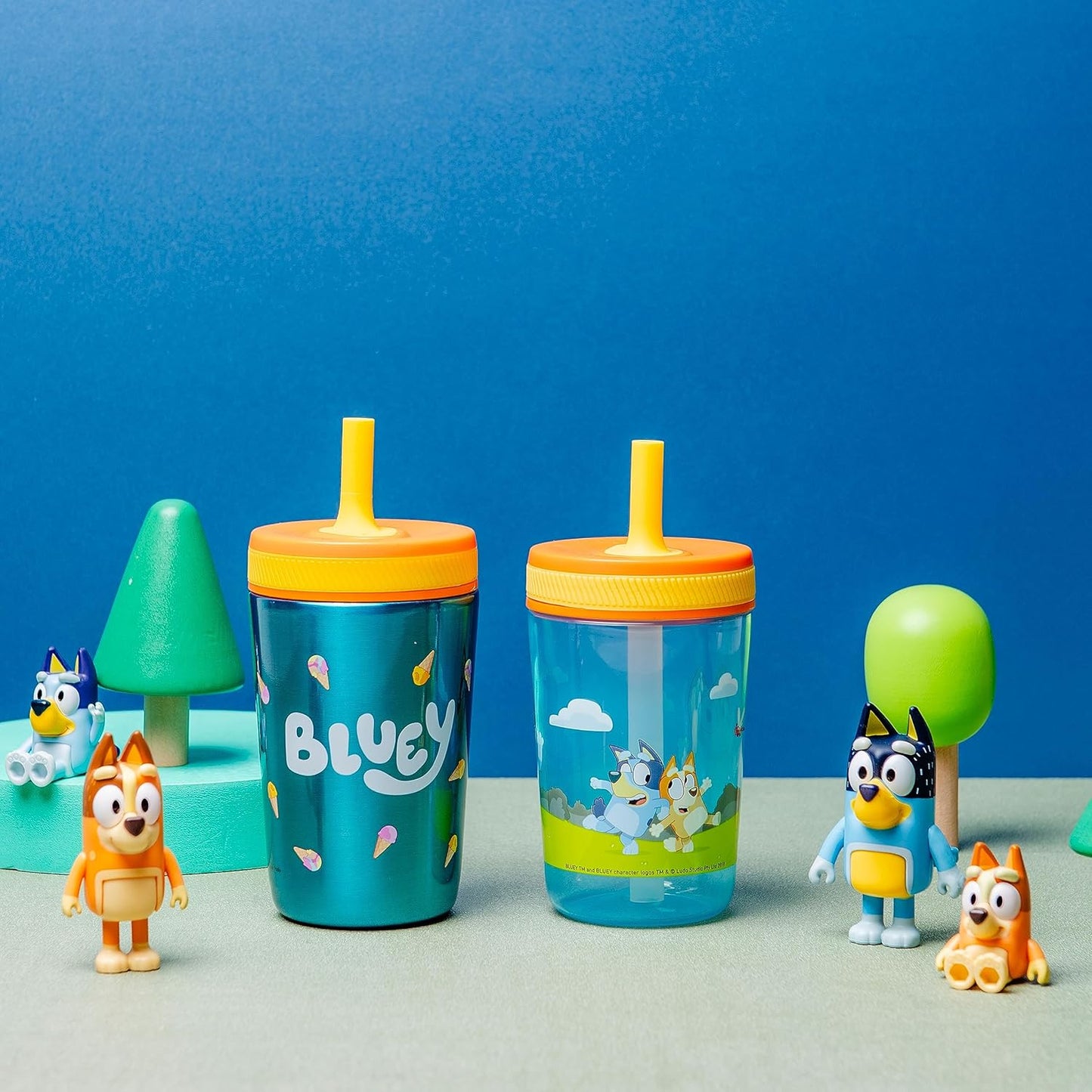 Zak Designs Bluey Kelso Tumbler Set, 15 fl.oz. Leak-Proof Screw-On Lid with Straw, Bundle for Kids