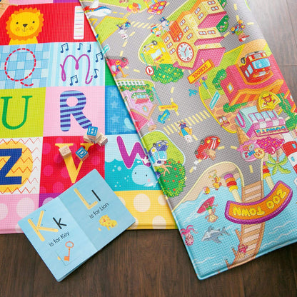 Baby Care Play Mat (Large, Playful - Zoo Town) 82'' x 55'' Original One-Piece Reversible Rollable Waterproof Play Mat for Infants, Babies, Toddler, and Kids
