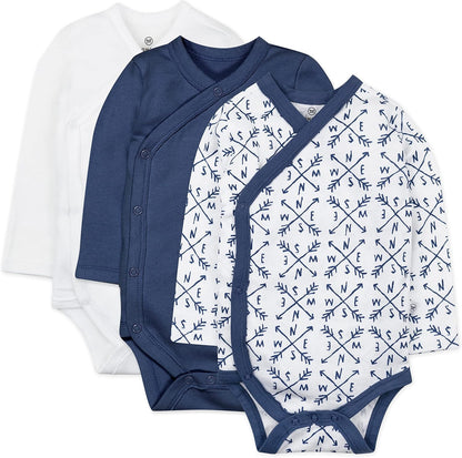 HonestBaby unisex-baby 3-pack Long Sleeve Side-snap Kimono Bodysuits Organic Cotton for Infant Baby Boys, Girls, Unisex