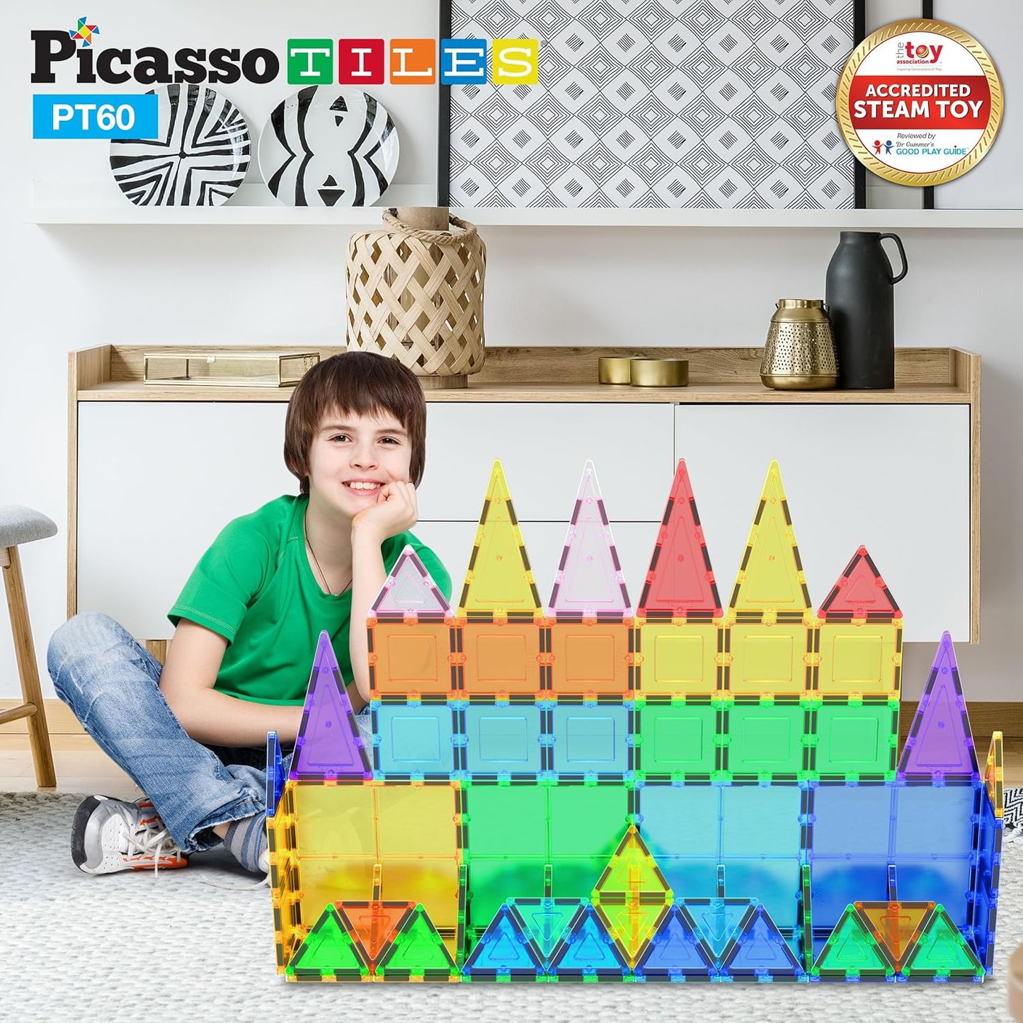 PicassoTiles 60 Piece Set 60pcs Magnet Building Tiles Clear Magnetic 3D Blocks Construction Playboards - Creativity beyond Imagination, Inspirational, Recreational, Educational, Conventional
