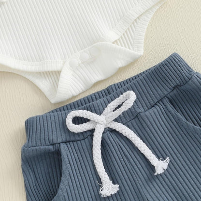 fhutpw Baby Boy Clothes 3 6 12 18 Months Ribbed Knitted Long Sleeve Romper and Pants Sets Newborn Fall Splicing Color Outfits