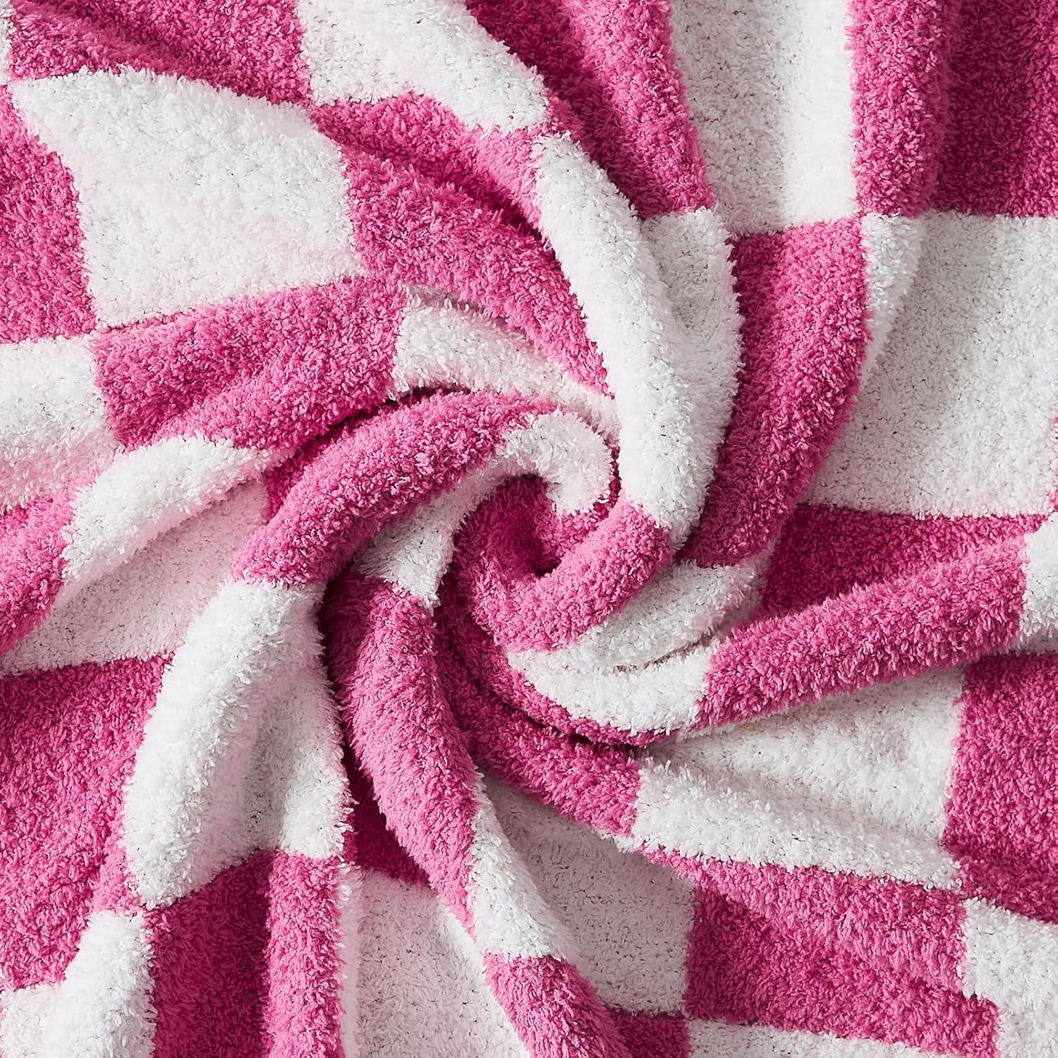 WRENSONGE Checkered Throw Blanket, Hot Pink Soft Cozy Fluffy Warm Hand Made Throw Blankets for