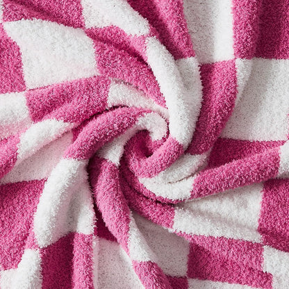WRENSONGE Checkered Throw Blanket, Hot Pink Soft Cozy Fluffy Warm Hand Made Throw Blankets for