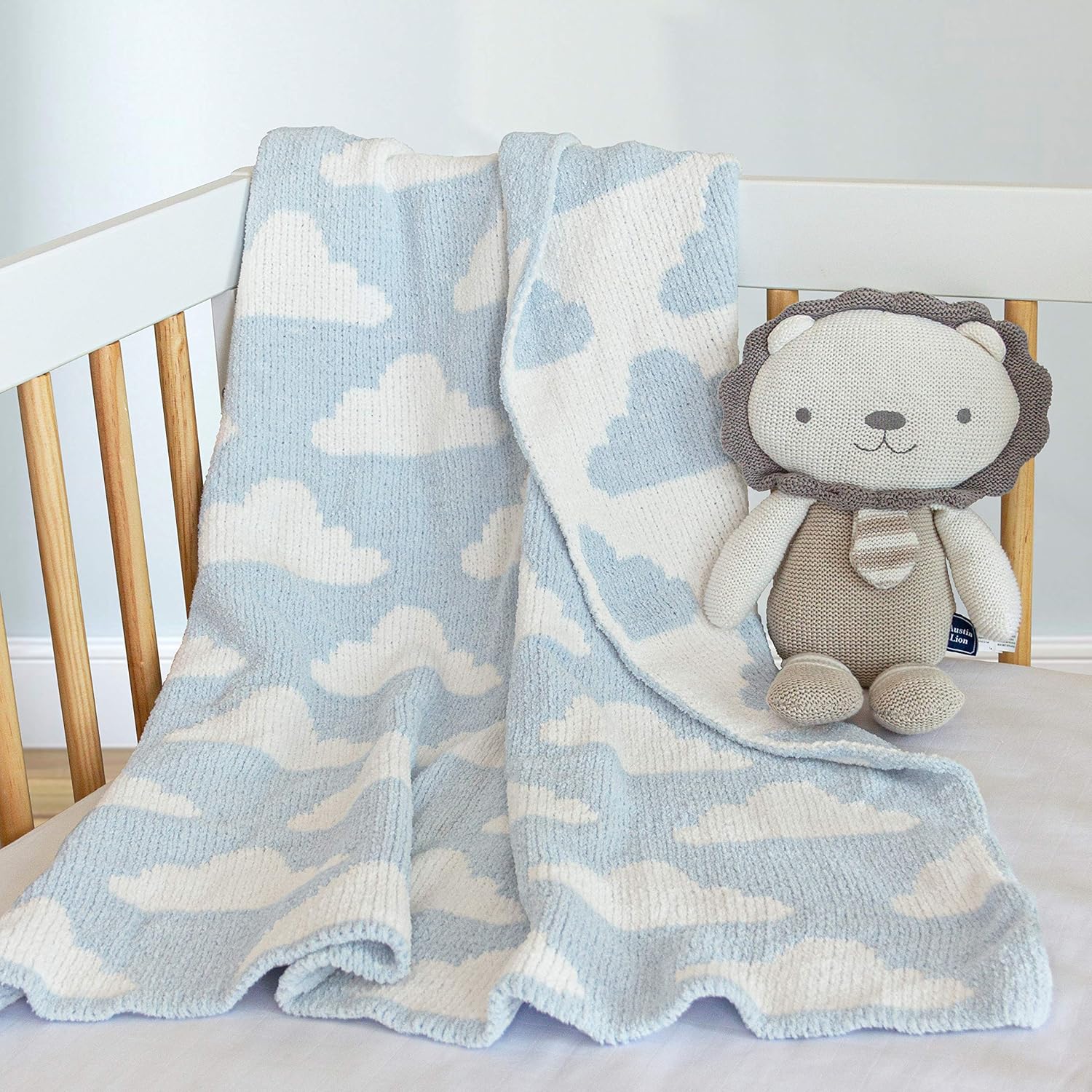 Living Textiles Blue Clouds Chenille Soft Baby Blanket Reversible Premium Cozy Fabric for Best