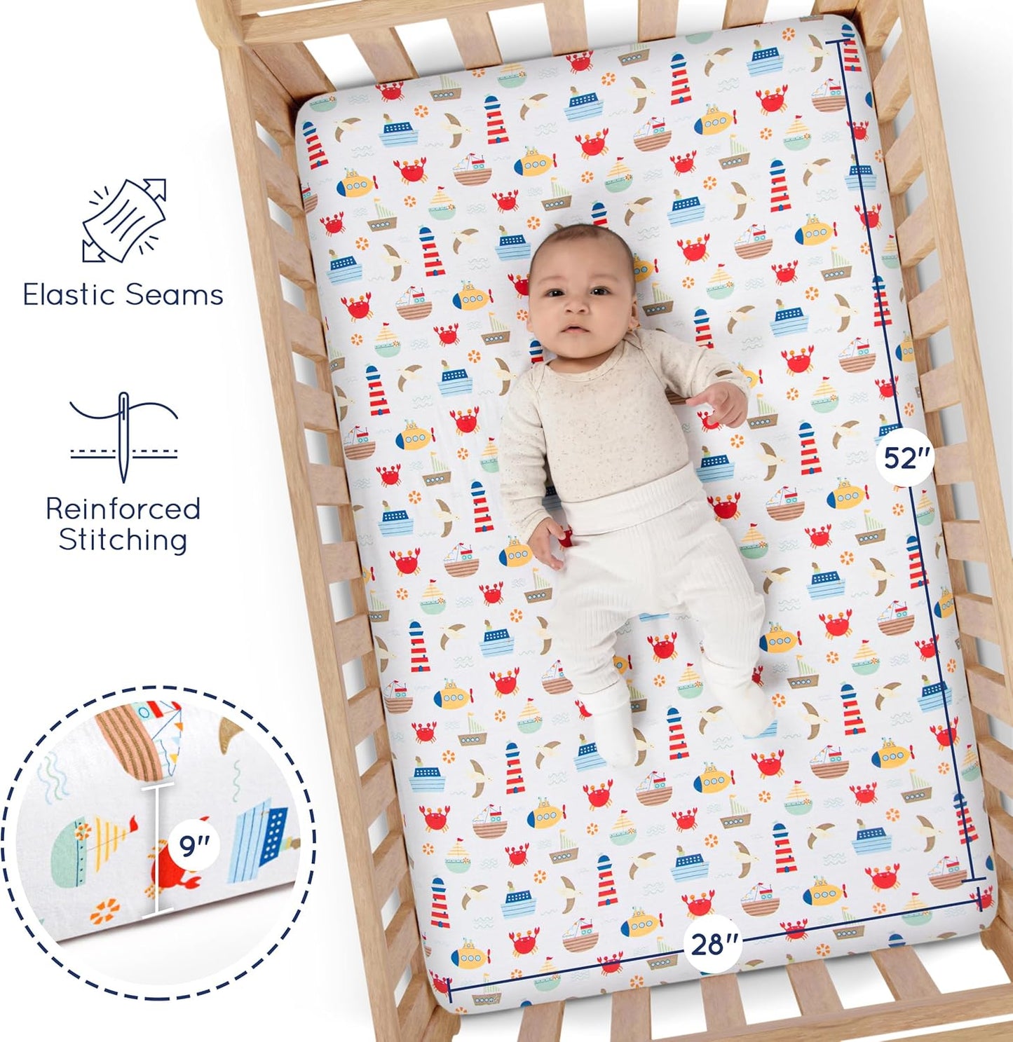 GROW WILD Nautical & Ships Baby Crib Sheets for Boys (3 Pack) - Jersey Knit Fitted Sheet (52" x 28"), Toddler Bedding Set & Baby Boy Crib Bedding Set, Anchors and Ships with Stripes