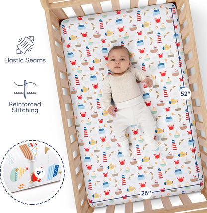GROW WILD Nautical & Ships Baby Crib Sheets for Boys (3 Pack) - Jersey Knit Fitted Sheet (52" x 28"), Toddler Bedding Set & Baby Boy Crib Bedding Set, Anchors and Ships with Stripes