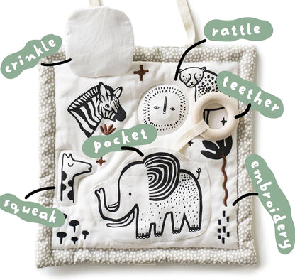 Wee Gallery Safari Activity Pad Organic Baby Play Mat with Sensory Toys, High Contrast Newborn Essentials Soft Tummy Time Mat for Babies 0-12 Months, Visual and Motor Skill Development Toy