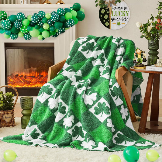 CYMULA St. Patrick's Day Knit Throw Blanket - Super Soft Lightweight Plush Shamrock Clover Blanket