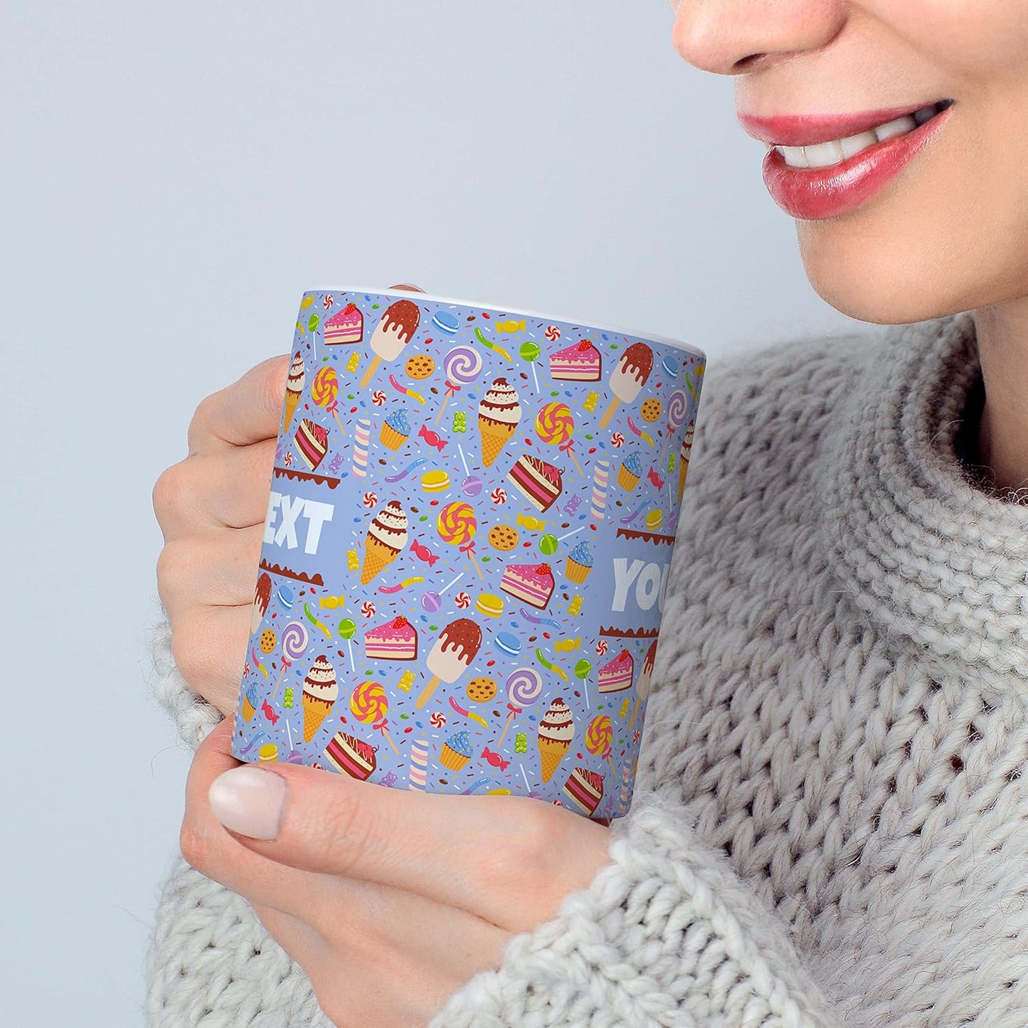 Personalized Mug for Kids - Sweets - Custom Name/Text, Ceramic Hot Chocolate/Cocoa/Coffee Cup for Boys/Girls, Birthday/Christmas/Holiday Gift - 15 oz, Navy Blue Handle