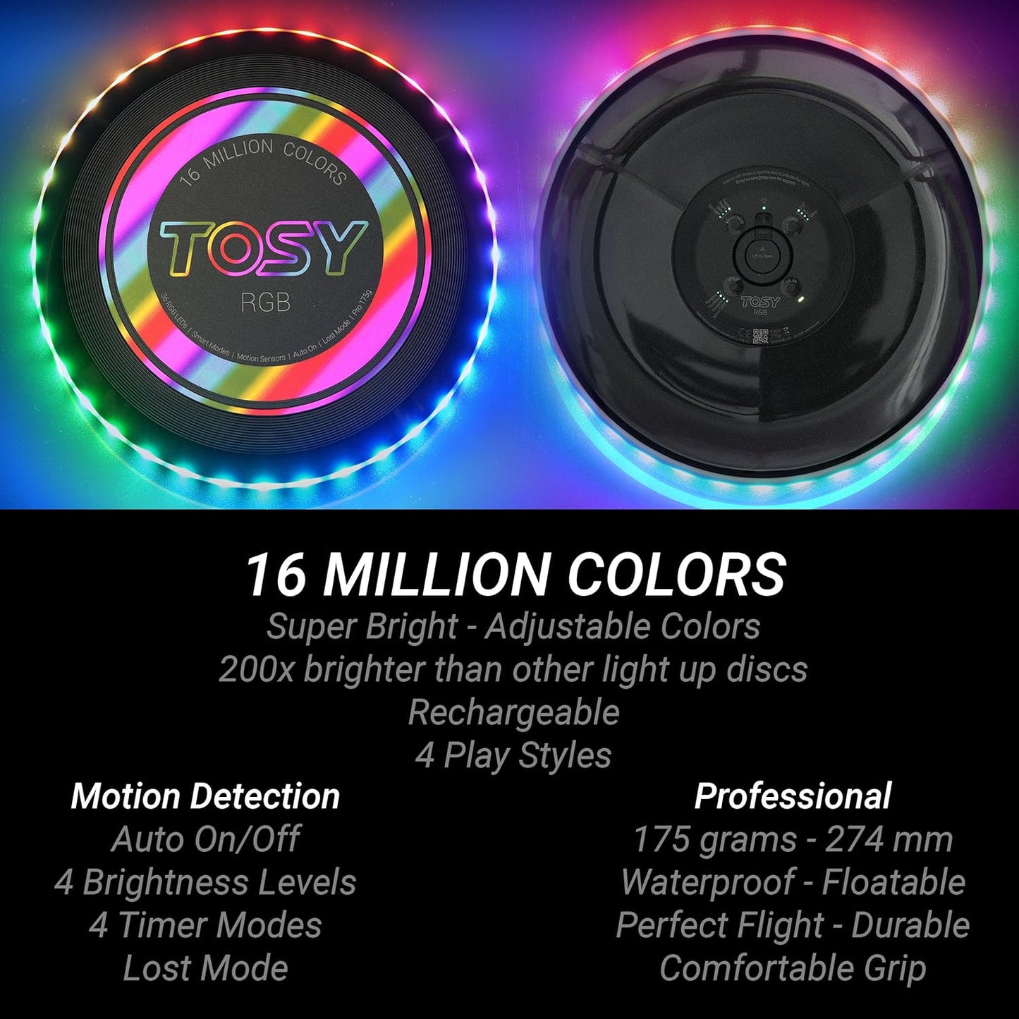TOSY Flying Disc - 16 Million Colors RGB or 36 LEDs, Extremely Bright, Smart Modes, Camping Essentials for Teens/Kids/Adults/Men/Boys/Girls, Auto Light Up, Rechargeable, Waterproof, 175g