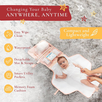 Premium Portable Diaper Changing Pad – CPC Certified Waterproof 2-in-1 Diaper Clutch & Changing Mat with Head Cushion – Bonus Insulated Bottle Bag – Travel Kit Gift for Baby Girls & Boys (Peach)