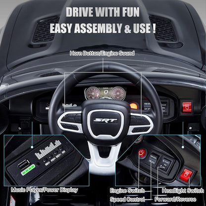 12V 7Ah Kids Electric Ride on Car, Licensed Dodge Charger SRT Hellcat, Battery Powered 4-Wheels Toy Car Electric Vehicle for Kids with Remote Control, 3 Speeds, LED Lights, Music (Black)