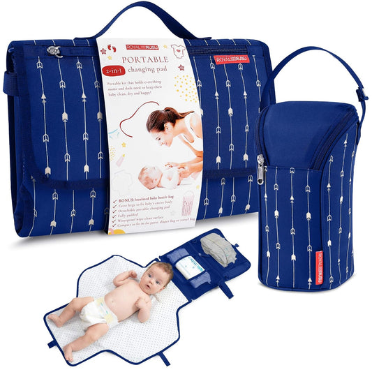 Portable Diaper Changing Pad Waterproof – B0NUS Insulated Baby Bottle Bag, 2-in-1 Diaper Clutch and Changing Mat, Wipe Clean Portable Changing Pad with Built-in Head Cushion (Dark Blue)