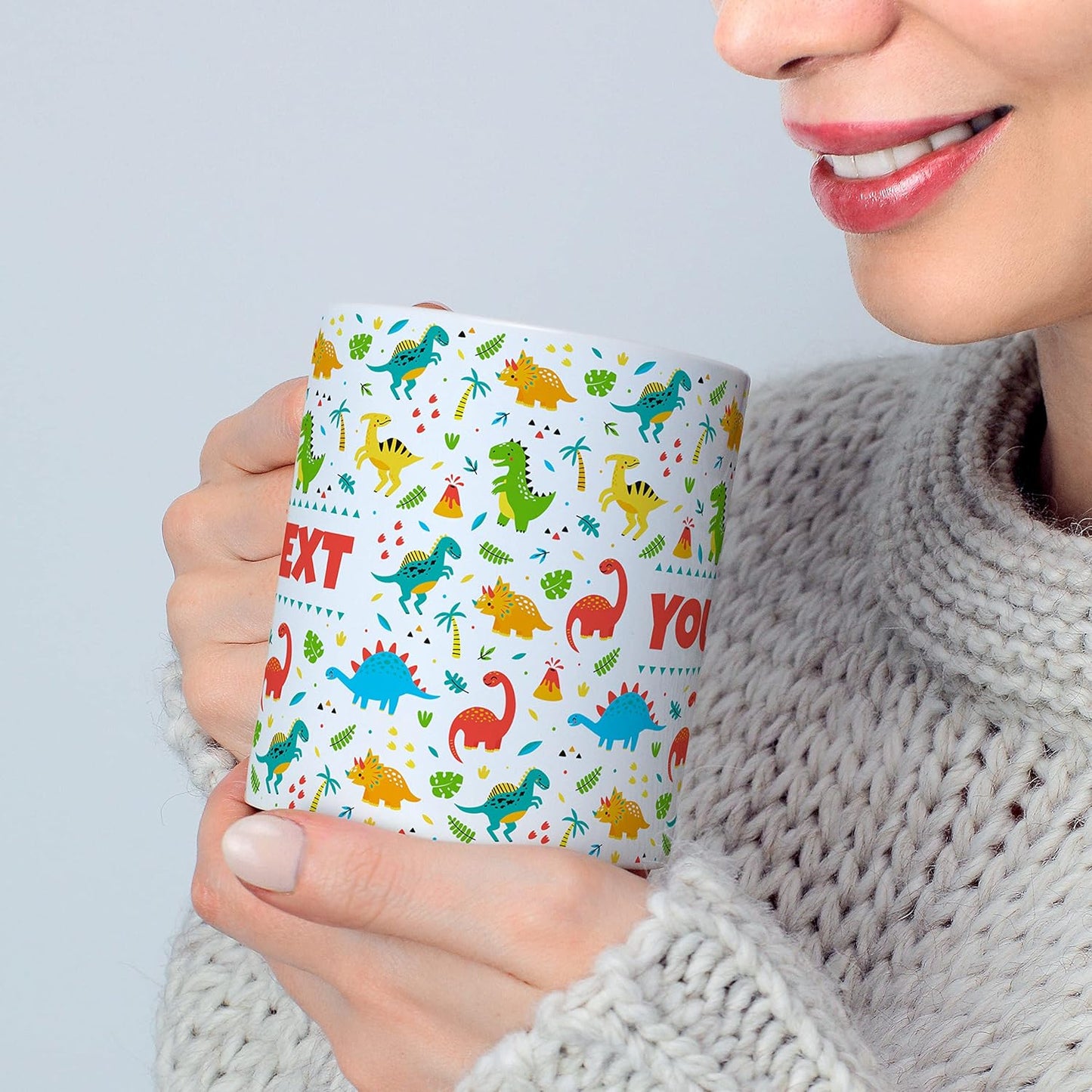 Personalized Mug for Kids - Dinosaurs - Custom Name/Text, Ceramic Hot Chocolate/Cocoa/Coffee Cup for Boys/Girls, Birthday/Christmas/Holiday Gift - 15 oz, Light Blue Handle