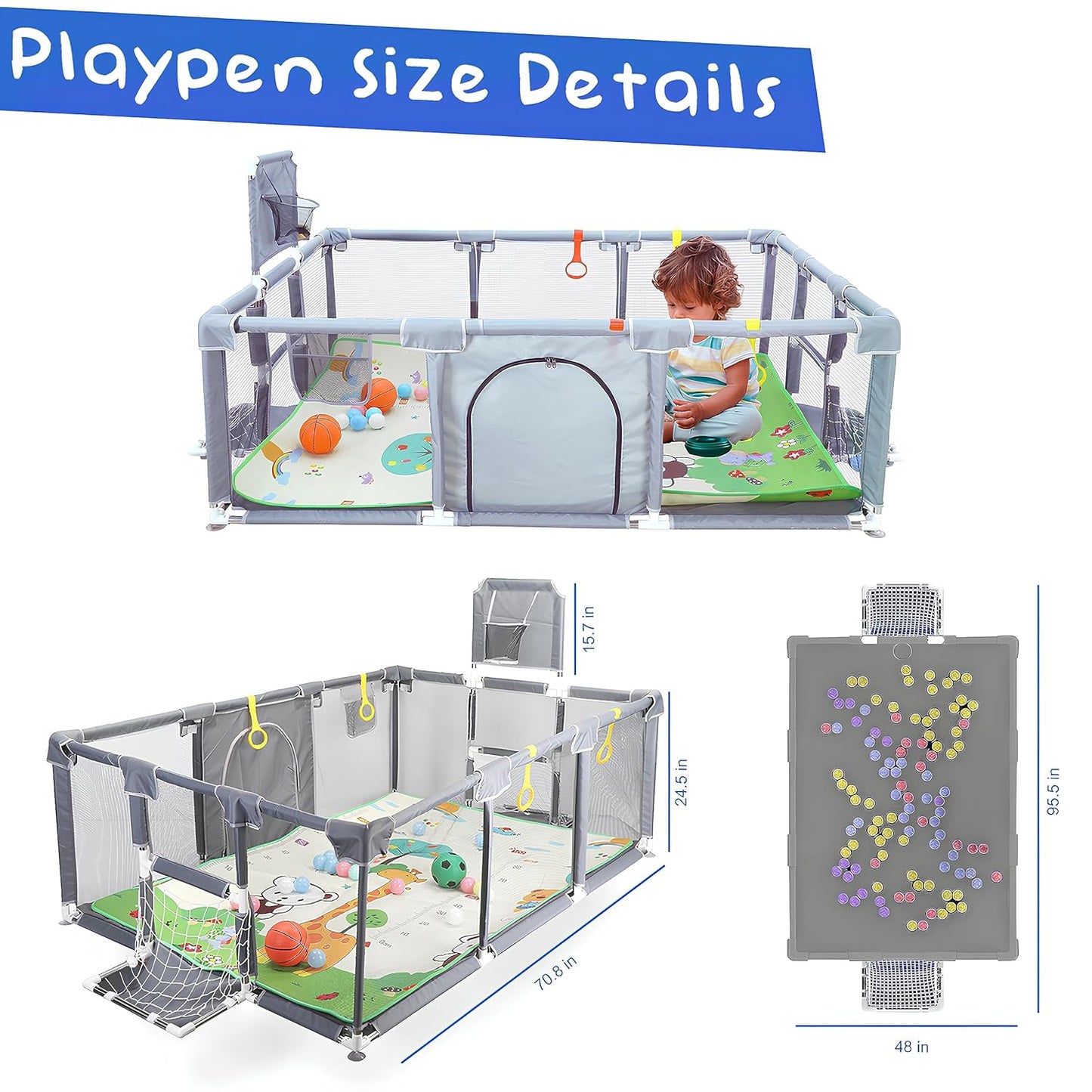 Upgrated Baby Playpen with Mat, Playpen for Babies and Toddlers, Large Playpen with Mat, Sport Playpen, Play Pen with Accessories, Baby Fence, PlayPen Indoor & Outdoor Activity, Sturdy Kids