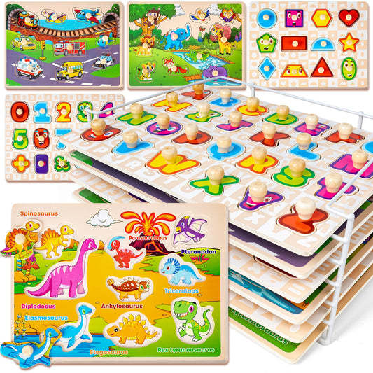 SYNARRY Wooden Puzzles for Toddlers 1-3, 6XSET Puzzles for Toddlers 2-4 with Rack, Learning