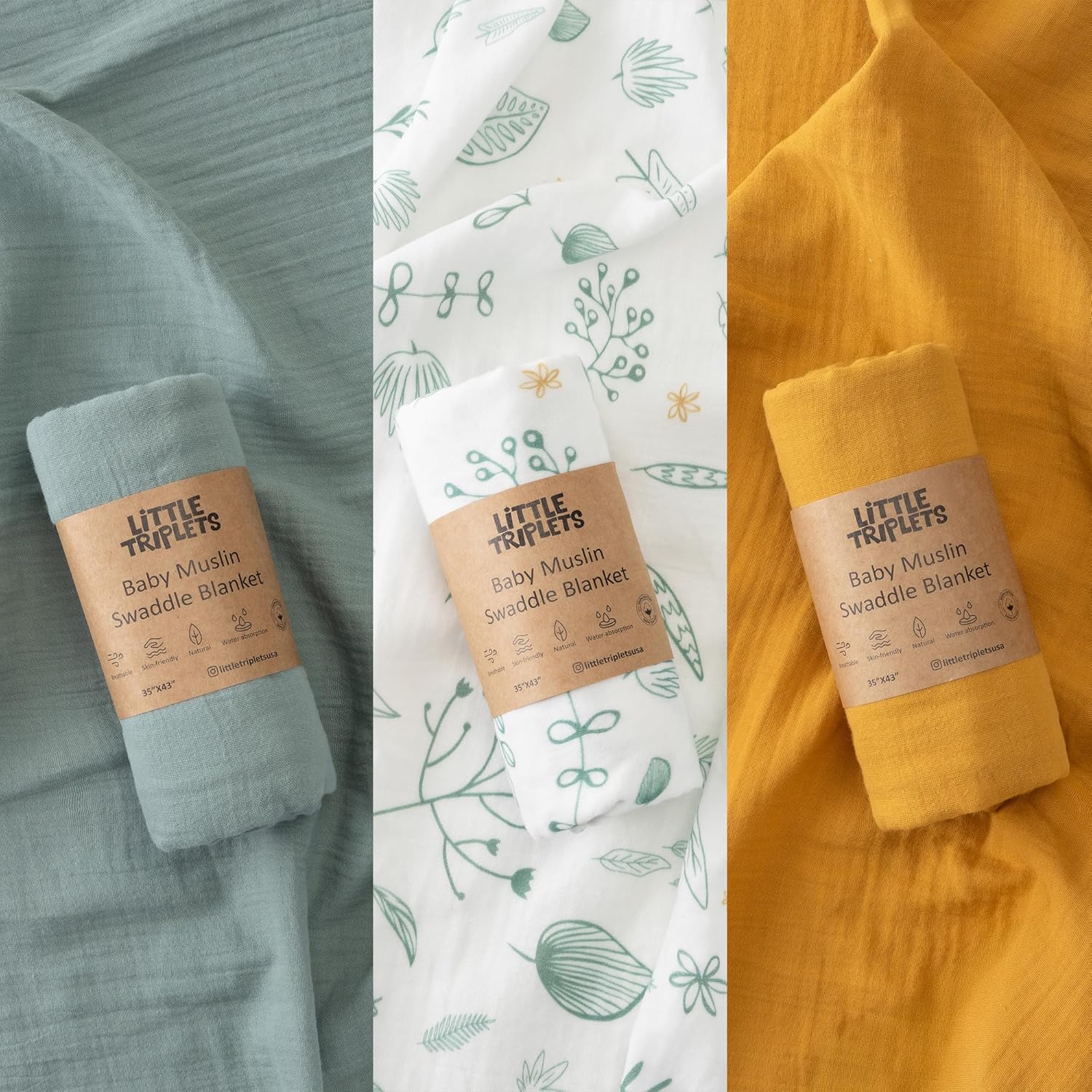 Muslin Swaddle Blankets for Newborns 3 Pack, Soft & Breathable Baby Receiving Blankets 35” x 43”